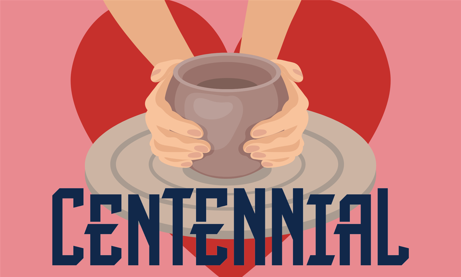 Centennial logo with hands molding a pot and a heart background